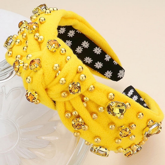 Yellow Oval Crystal Ball Knot Headband Hair Bling Jewel Statement Accessory - Picture 5 of 5
